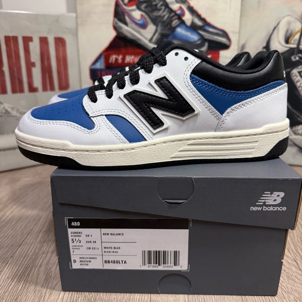 New Balance 480 Unisex Sneaker White Blue Agate Black Szs 5.5M/7W, 6.5M/8W